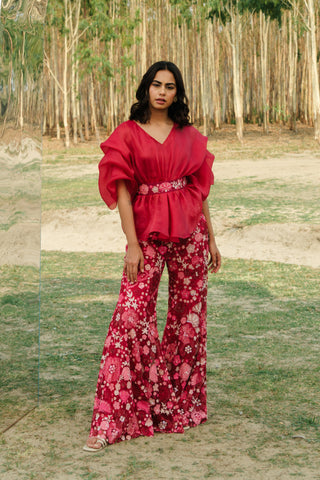 Hot pink Renne floral pants and organza top set