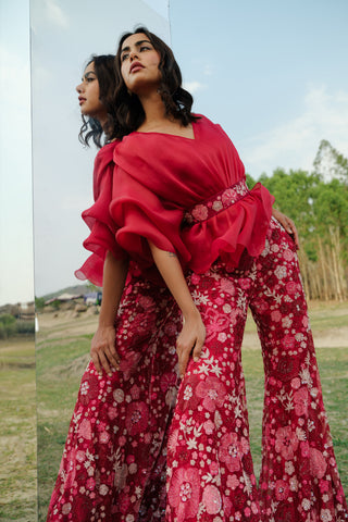 Hot pink Renne floral pants and organza top set