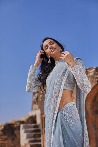 Logo jaal sari with whimsical lines blouse