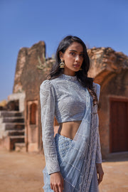 Logo jaal sari with whimsical lines blouse