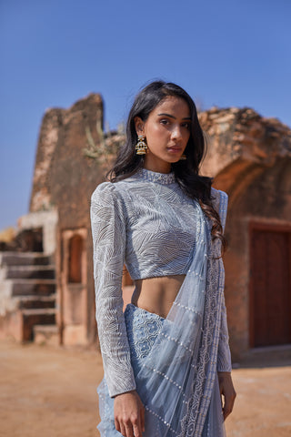 Logo jaal sari with whimsical lines blouse