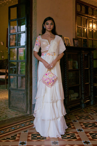 Ivory Flora ruffle saree