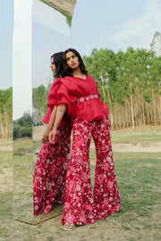 Hot pink Renne floral pants and organza top set